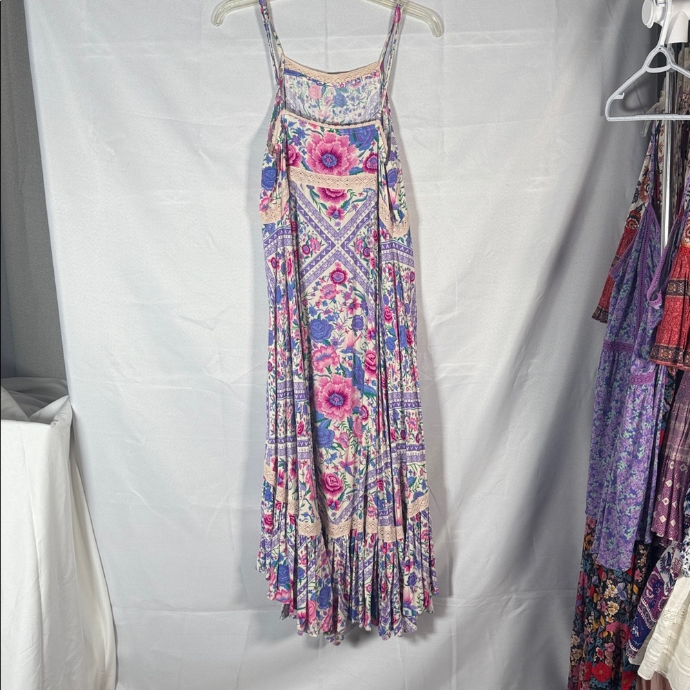 Spell Babushka Floral Lace-Trimmed Strappy Midi Dress in Lavender Size Large - Picture 5 of 12